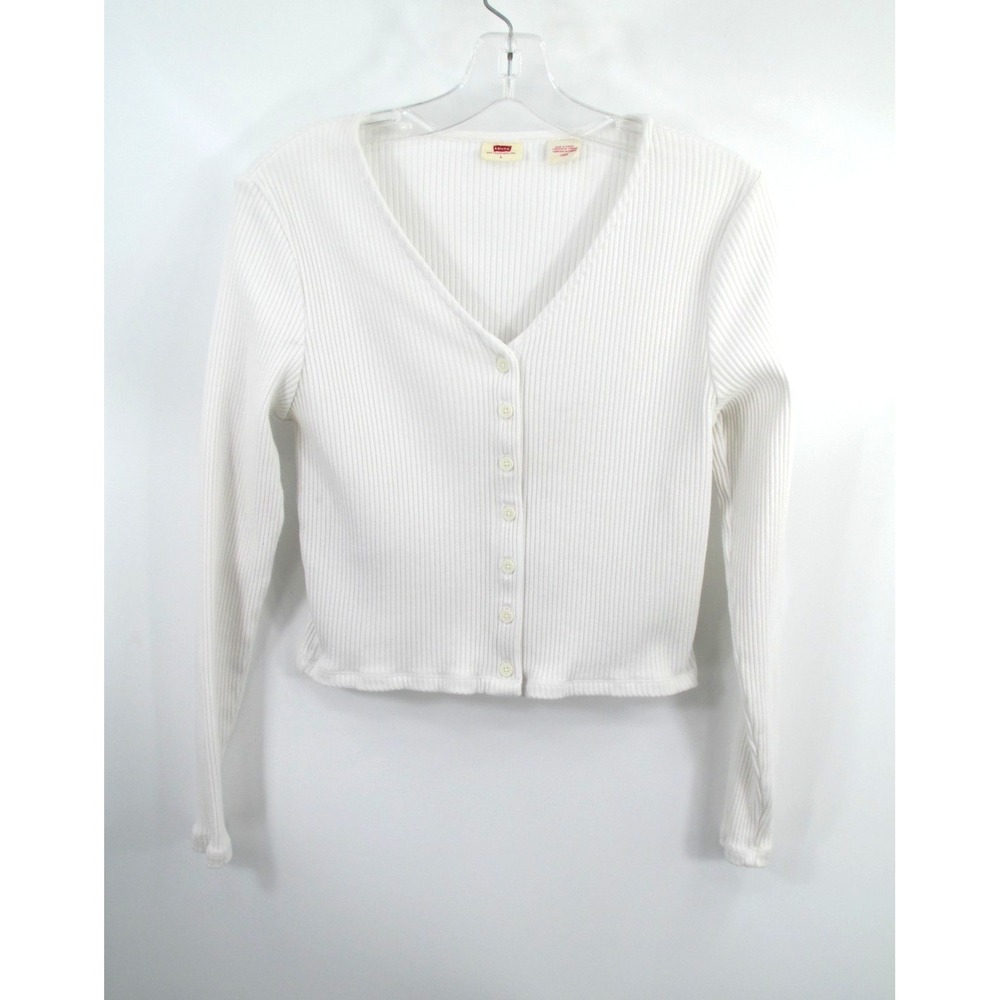 Levis White Ribbed Button V-Neck Knit Top Juniors Large Vintage Y2K Pullover
